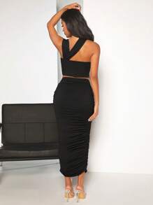 SHEIN BAE Solid Asymmetrical Neck Crop Top & Ruched Pencil Skirt - Black - View 2