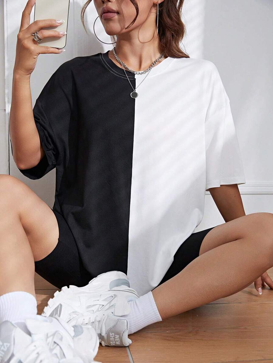 INAWLY 双色落肩 T 恤 图案 T 恤 女士上衣 - 黑與白 - 查看 1