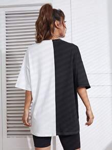 INAWLY 双色落肩 T 恤 图案 T 恤 女士上衣 - 黑與白 - 查看 2