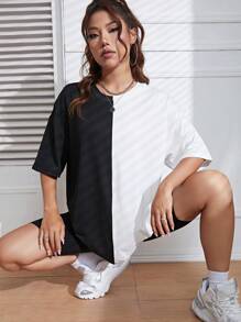 INAWLY 双色落肩 T 恤 图案 T 恤 女士上衣 - 黑與白 - 查看 5