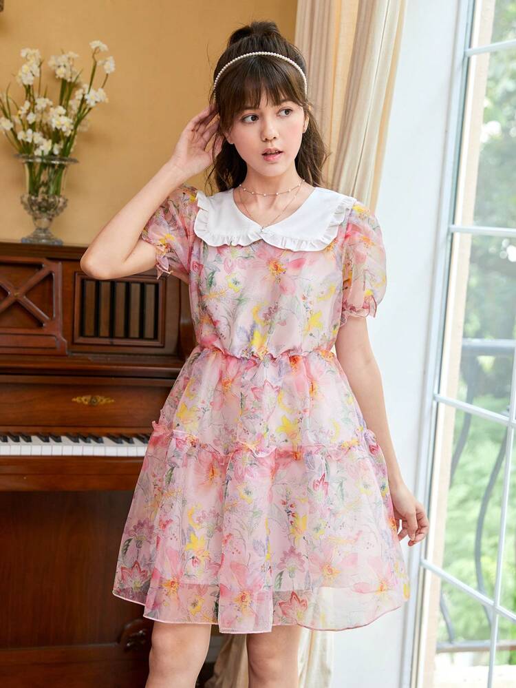 Teen Girls Floral Print Puff Sleeve Organza Dress