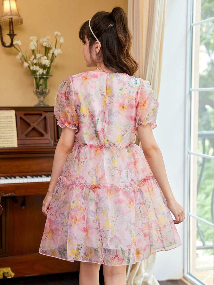 Teen Girls Floral Print Puff Sleeve Organza Dress