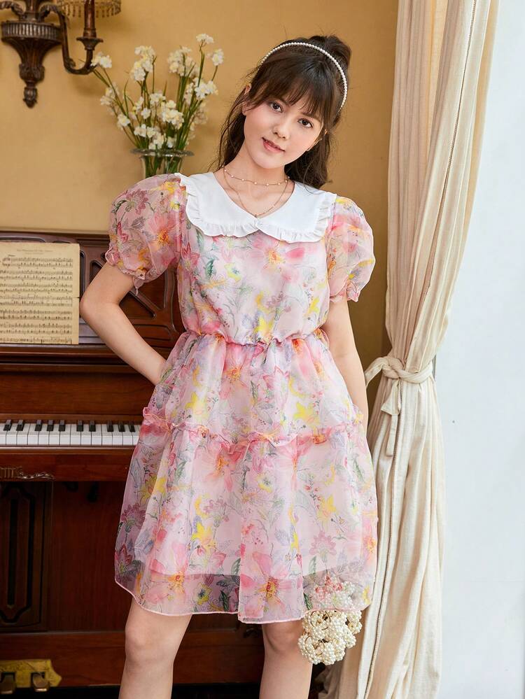 Teen Girls Floral Print Puff Sleeve Organza Dress