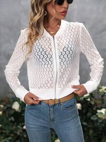 SHEIN LUNE 鏤空拉鏈開襟飛行員夾克 - 白色 - 查看 4