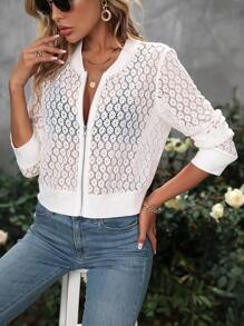 SHEIN LUNE 鏤空拉鏈開襟飛行員夾克 - 白色 - 查看 5