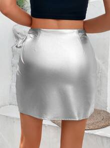 SHEIN Privé Knot Side Wrap Metallic Skirt - Silver - View 2