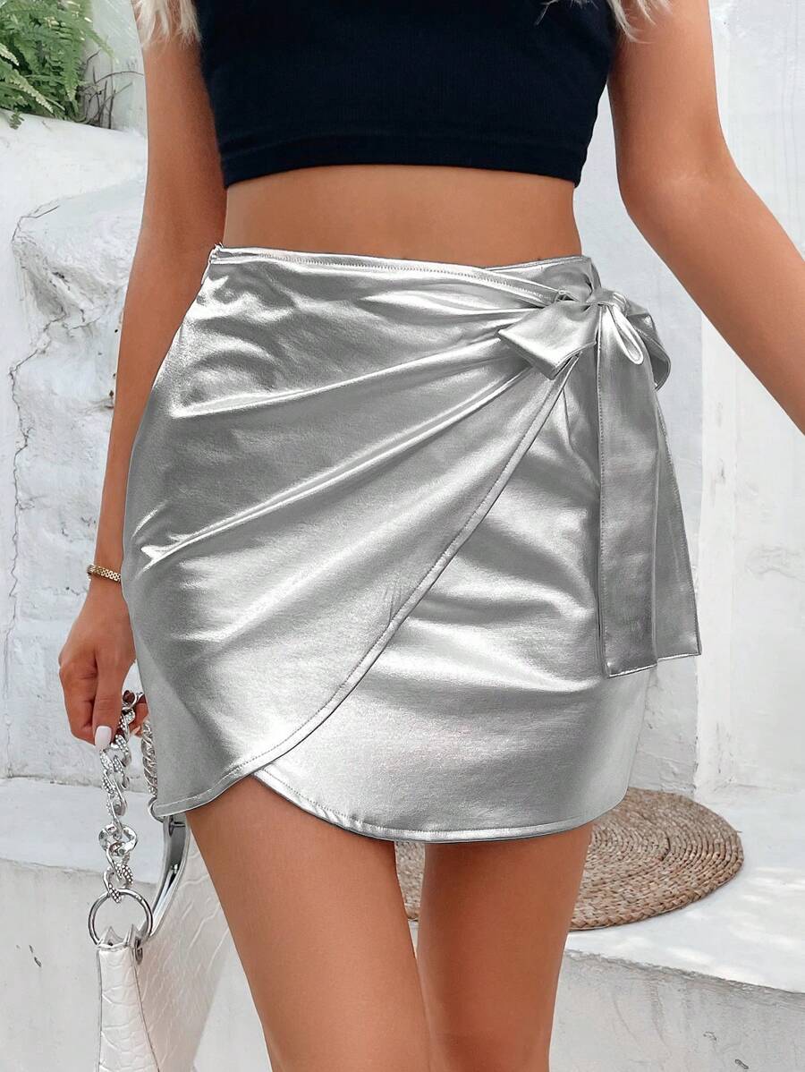 SHEIN Privé Knot Side Wrap Metallic Skirt - Silver - View 1