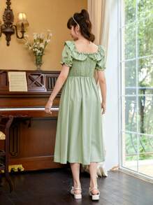 SHEIN Teen Girls Ruffle Trim Knot Front Puff Sleeve Dress - Mint Green - View 3