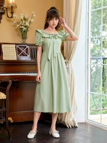 SHEIN Teen Girls Ruffle Trim Knot Front Puff Sleeve Dress - Mint Green - View 4