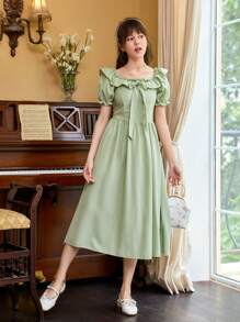 SHEIN Teen Girls Ruffle Trim Knot Front Puff Sleeve Dress - Mint Green - View 5