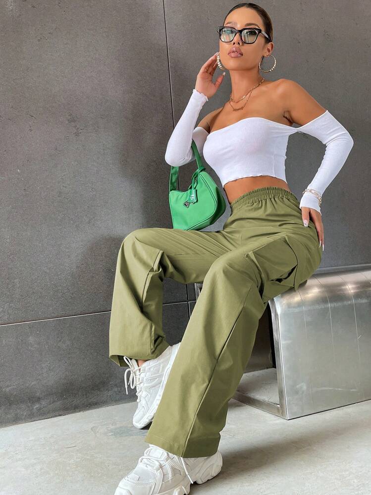 SHEIN Unity Pantalon cargo poche à rabat - Militaire verte - Voir 4