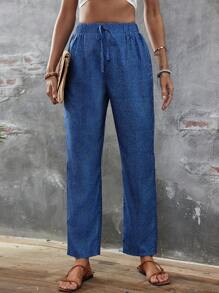 SHEIN LUNE Quần nữ Thắt nơ trước màu trơn Giải trí - Màu xanh lam - Xem 3