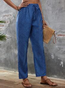 SHEIN LUNE Quần nữ Thắt nơ trước màu trơn Giải trí - Màu xanh lam - Xem 4