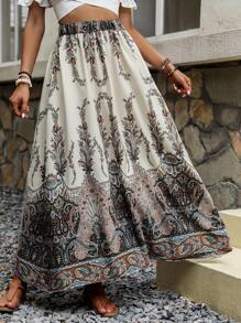 SHEIN VCAY 佩斯利印花彈性腰帶半身裙 - 杏色 - 查看 5