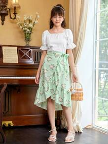 青少年女孩荷葉袖上衣和印花側打結裹身裙 - 彩色 - 查看 1