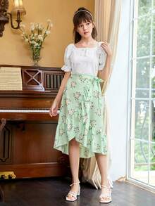 青少年女孩荷葉袖上衣和印花側打結裹身裙 - 彩色 - 查看 3