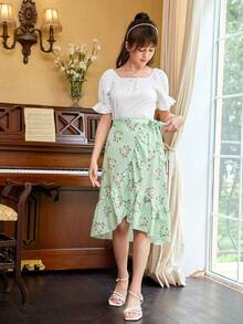 青少年女孩荷葉袖上衣和印花側打結裹身裙 - 彩色 - 查看 5