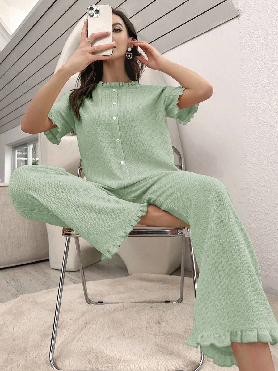 Flounce Sleeve Ruffle Hem Lounge Set - Green - View 1