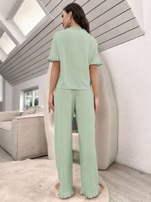 Flounce Sleeve Ruffle Hem Lounge Set - Green - View 2