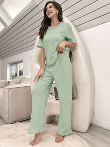 Flounce Sleeve Ruffle Hem Lounge Set - Green - View 5