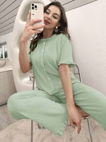Flounce Sleeve Ruffle Hem Lounge Set - Green - View 6