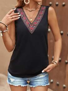 SHEIN VCAY Geo Embroidery V Neck Tank Top - Black - View 6