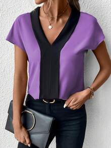 SHEIN Clasi Blusa ribete en contraste de manga murciélago - Morado - Ver 5