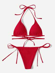 SHEIN Swim 素色吊脖三角形側繫帶比基尼泳裝 - 紅色 - 查看 1