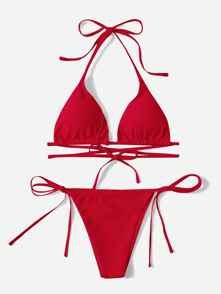 SHEIN Swim 素色吊脖三角形側繫帶比基尼泳裝 - 紅色 - 查看 1