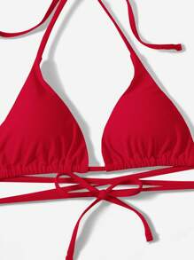 SHEIN Swim 素色吊脖三角形側繫帶比基尼泳裝 - 紅色 - 查看 3