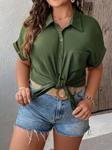 SHEIN LUNE Plus Patched Pocket Batwing Sleeve Shirt - Green - View 3
