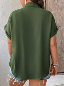 SHEIN LUNE Plus Patched Pocket Batwing Sleeve Shirt - Green - View 2