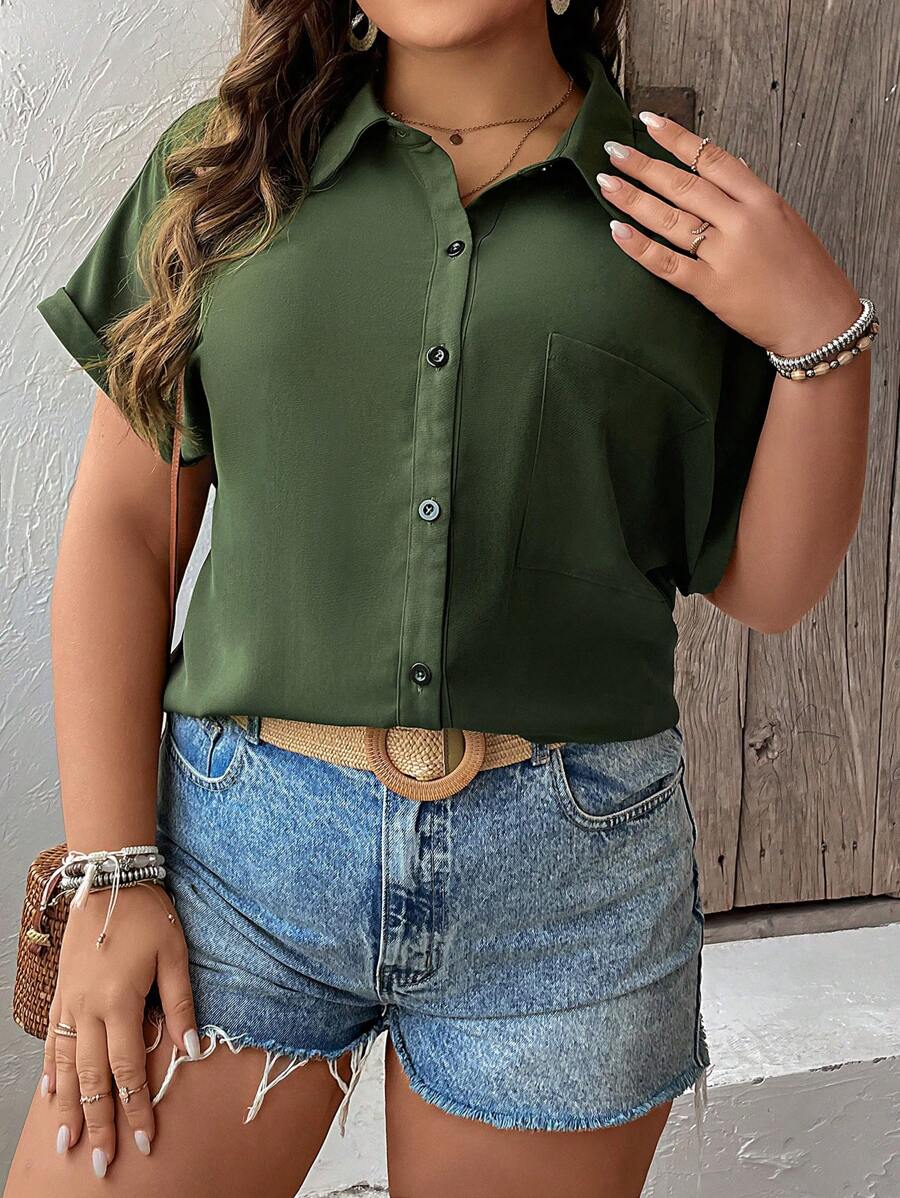 SHEIN LUNE Plus Patched Pocket Batwing Sleeve Shirt - Green - View 1