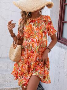 EMERY ROSE Allover Print Flounce Sleeve Ruffle Hem Smock Dress - Multicolor - View 3