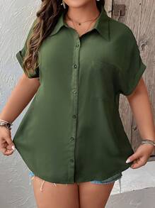 SHEIN LUNE Plus Patched Pocket Batwing Sleeve Shirt - Green - View 4