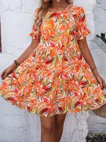 EMERY ROSE Allover Print Flounce Sleeve Ruffle Hem Smock Dress - Multicolor - View 4