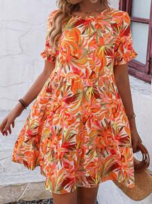 EMERY ROSE Allover Print Flounce Sleeve Ruffle Hem Smock Dress - Multicolor - View 5
