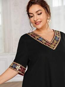 Al Najma Plus Contrast Sequin V Neck Dress For Summer - Black - View 6