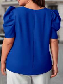 SHEIN Clasi Plus Notch Neck Puff Sleeve Blouse - Royal Blue - View 3