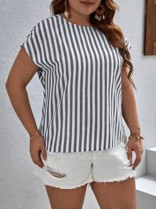 SHEIN Clasi 大碼條紋印花後扭結蝙蝠袖襯衫 - 灰色 - 查看 4