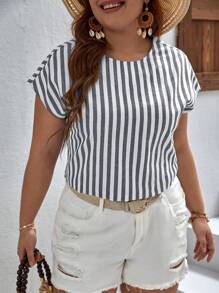 SHEIN Clasi 大碼條紋印花後扭結蝙蝠袖襯衫 - 灰色 - 查看 5