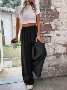 SHEIN Unity Elastic Waist Wide Leg Pants Fall Cloth For Women - Black - View 3