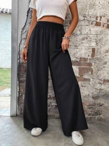 SHEIN Unity Elastic Waist Wide Leg Pants Fall Cloth For Women - Black - View 4