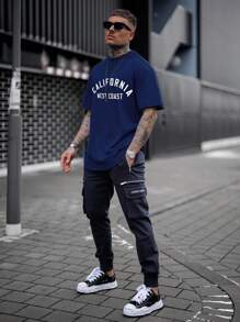 男士字母圖案T恤 - 藏蓝色 - 查看 3