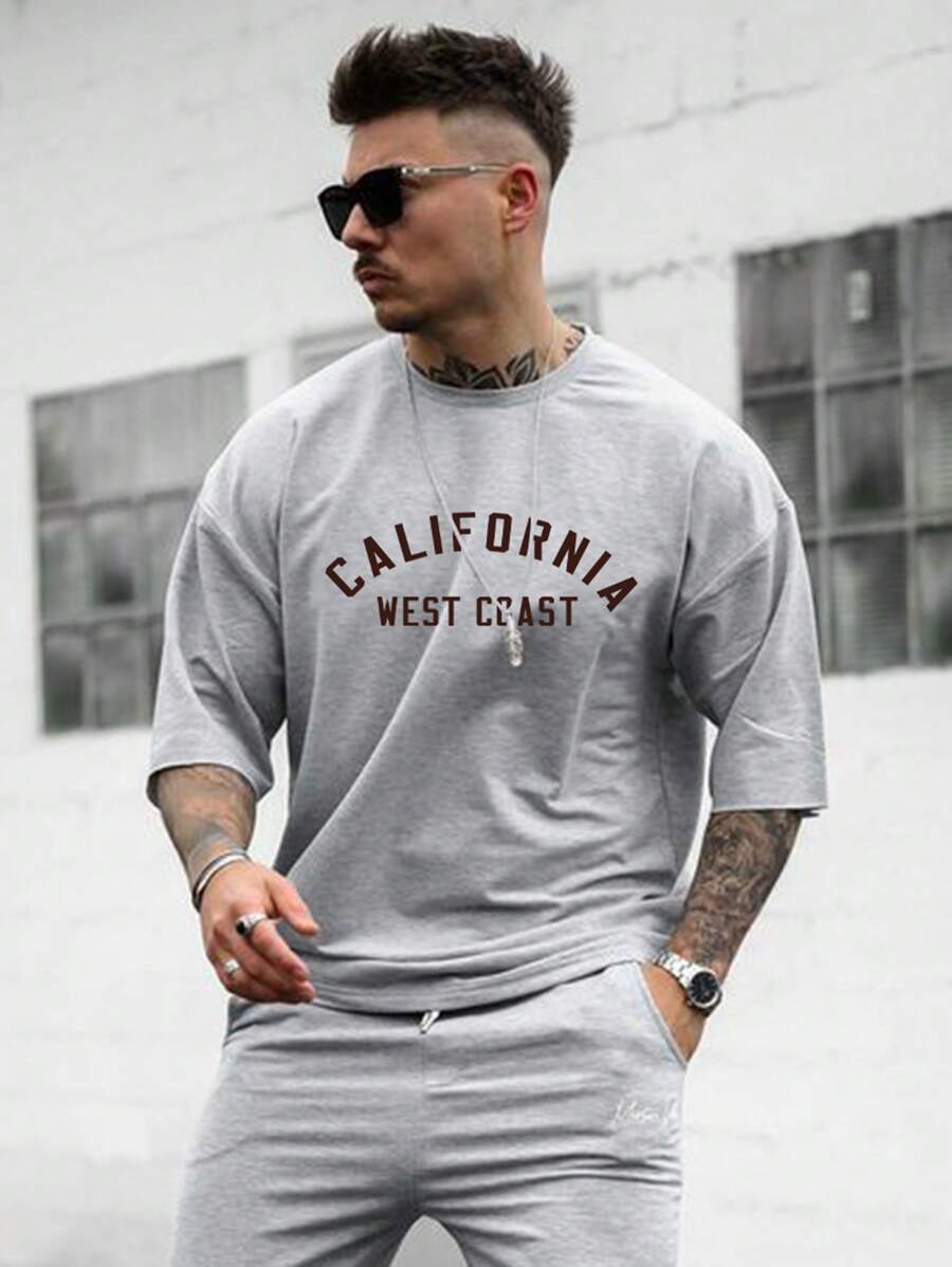 男士字母圖案T恤 - 淺灰色 - 查看 1