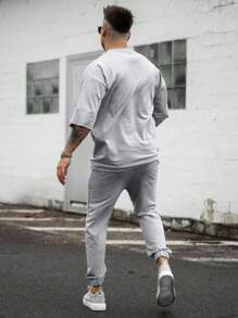 男士字母圖案T恤 - 淺灰色 - 查看 2