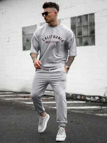 男士字母圖案T恤 - 淺灰色 - 查看 3