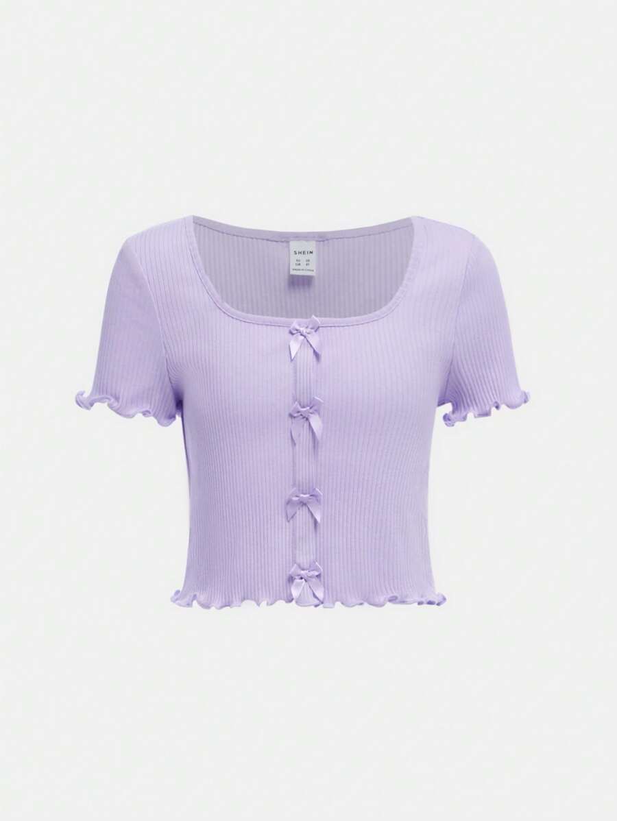 SHEIN 女孩木耳邊前蝴蝶結T恤 - 紫丁香色 - 查看 1