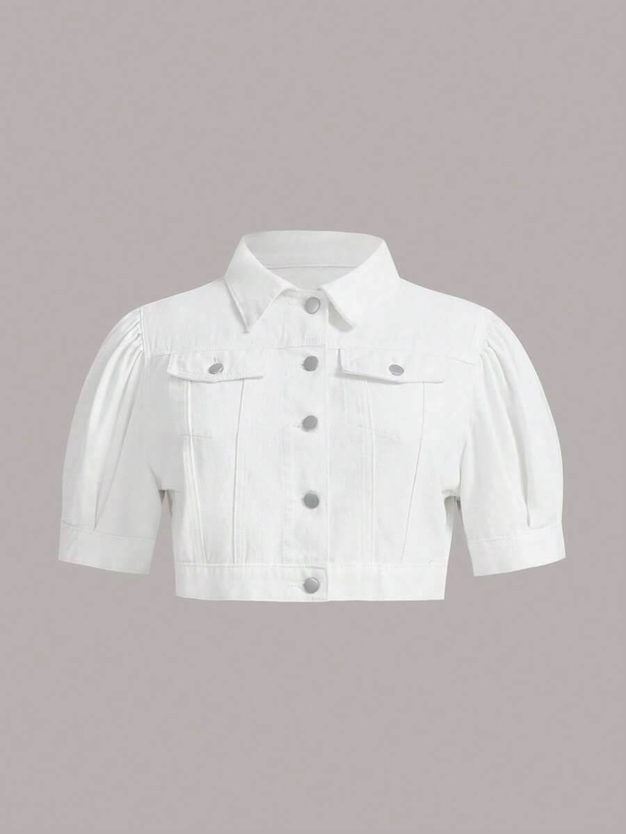 Plus Flap Detail Denim Jacket - White - View 1