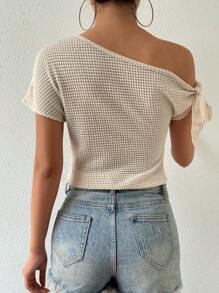 Chiquease Asymmetrical Neck Knot Side Bodysuit - Beige - View 2